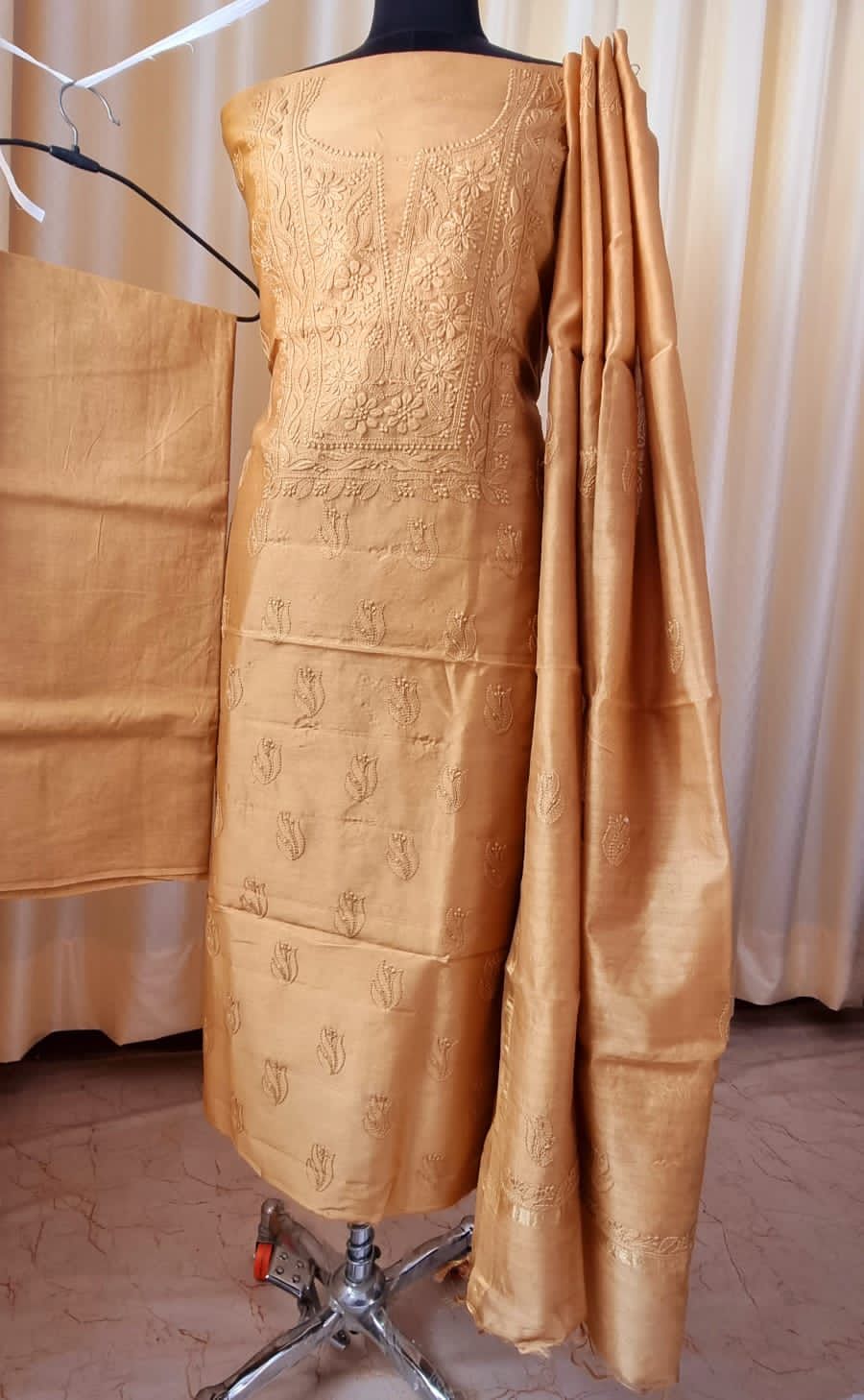 Dyeable Chikankari Chanderi Silk Suit Set with Mukaish Work – Luxurion World